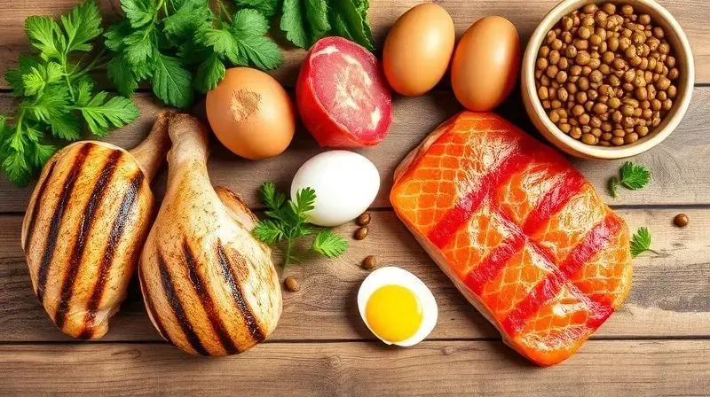 Composição de alimentos ricos em BCAA, como frango, carne, peixe e ovos, que são fontes naturais de aminoácidos essenciais.