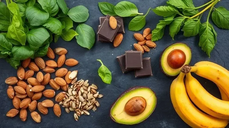 Alimentos que são fontes naturais de magnésio, como abacate, amêndoas, espinafre e chocolate amargo, dispostos de forma organizada.