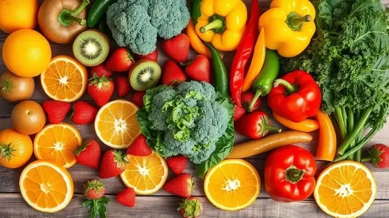 Composição colorida de alimentos ricos em vitamina C, como laranjas, kiwis, morangos e pimentões, em uma mesa de madeira.