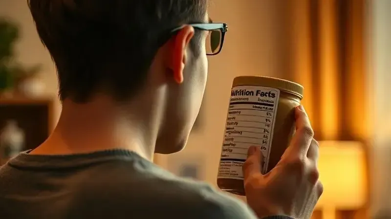 Pessoa analisando a tabela nutricional no rótulo de um pote de pasta de amendoim para fazer uma escolha informada.