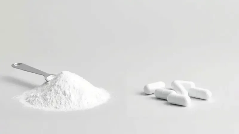 Comparativo visual lado a lado de arginina em pó com um medidor e arginina em cápsulas para mostrar a diferença entre as formas.