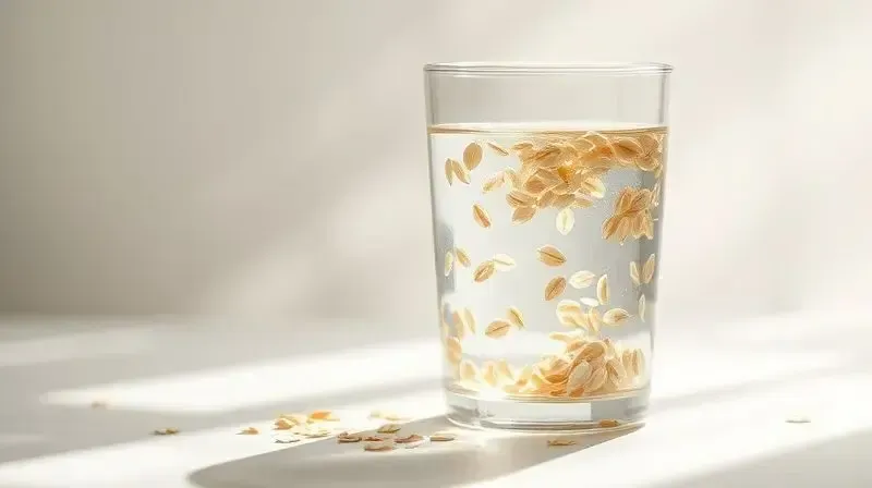 Imagem conceitual representando a saúde intestinal, com flocos de aveia em água simbolizando o efeito benéfico das fibras.