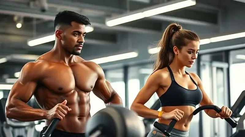 Atletas, homem e mulher, treinando com intensidade em uma academia, demonstrando os benefícios da albumina para a recuperação muscular e ganho de força.