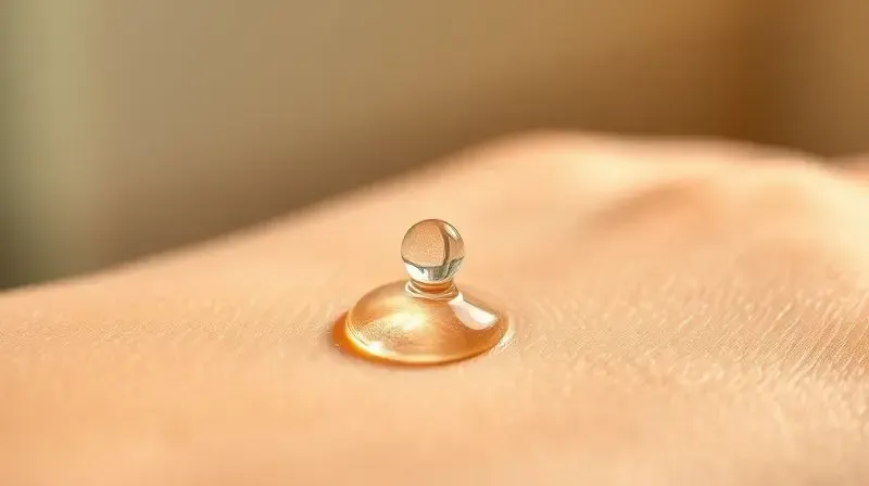 Macro de uma gota de sérum antioxidante sendo aplicada na pele, ilustrando os benefícios para a saúde e rejuvenescimento da pele.