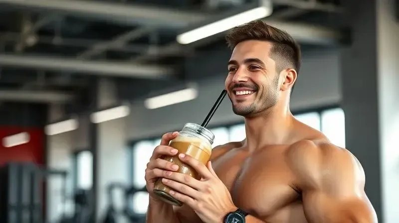 Pessoa atlética e sorridente bebendo um shake de proteína após o treino, demonstrando os benefícios do whey protein para a saúde.