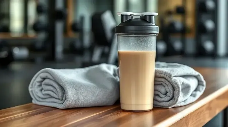 Shaker com whey protein em um banco de academia, ilustrando os benefícios do suplemento para a recuperação muscular e a rotina de treinos.