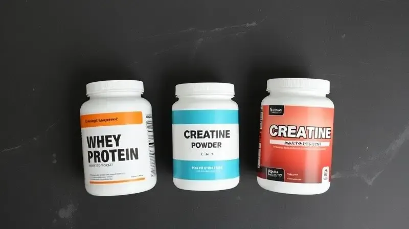 Três potes de suplementos sem marca (whey, creatina, maltodextrina), ilustrando a possibilidade de combiná-los.