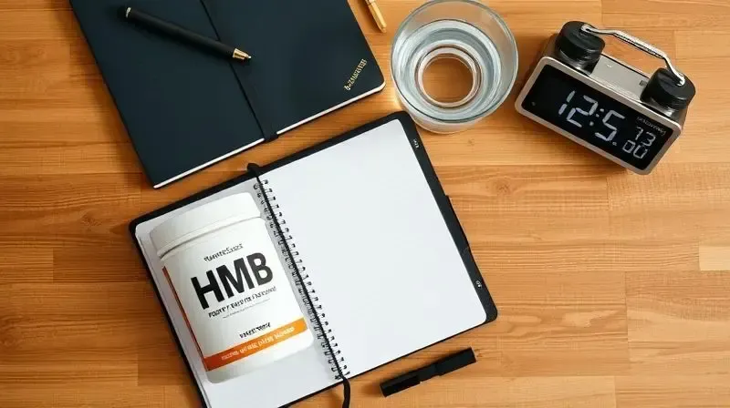 Cena com suplemento HMB, copo de água e relógio, indicando como e quando tomar o suplemento para maximizar os resultados.