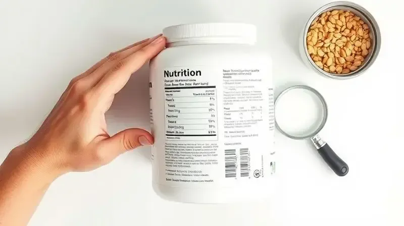 Pessoa analisando a tabela nutricional e a lista de ingredientes no rótulo de um pote de whey protein com uma lupa.