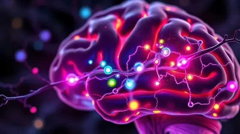 Visualização médica do cérebro com neurotransmissores ativos para mostrar como os nootrópicos funcionam.