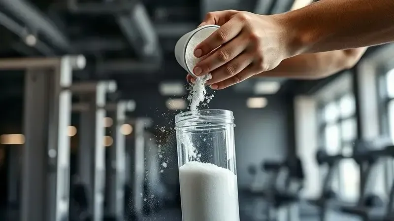 Mãos de um atleta misturando palatinose em pó em uma coqueteleira, demonstrando como preparar o suplemento para obter melhores resultados no treino.