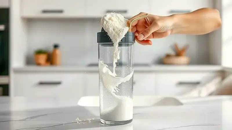 Mãos preparando um shake de whey protein, despejando o pó de um medidor em uma coqueteleira, ilustrando como tomar o suplemento corretamente.