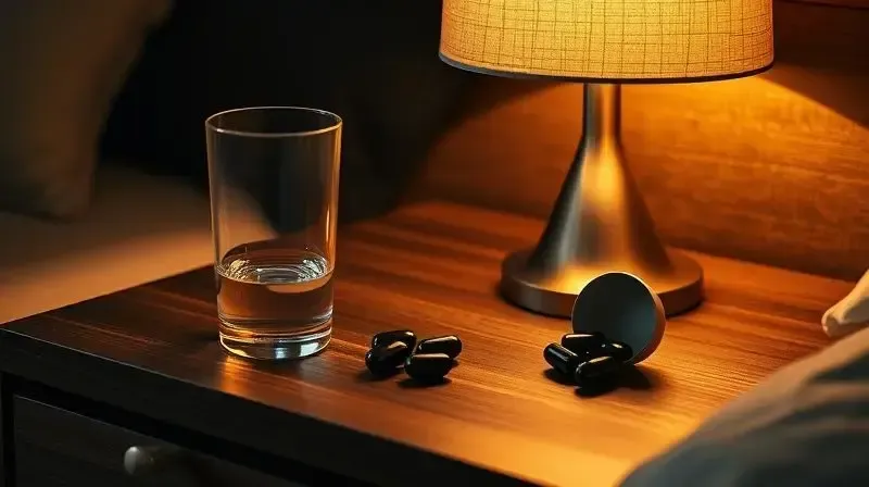 Cena noturna com um copo de água e suplemento ZMA numa mesa de cabeceira, indicando o melhor momento para tomar o produto.