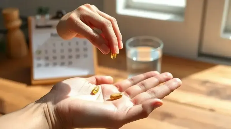 Mão de uma pessoa segurando uma cápsula de ashwagandha, com um copo de água e um calendário ao fundo, ilustrando como tomar o suplemento.