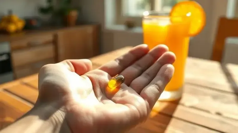 Pessoa tomando suplemento de ferro com um copo de suco de laranja para maximizar a absorção de nutrientes pela manhã.