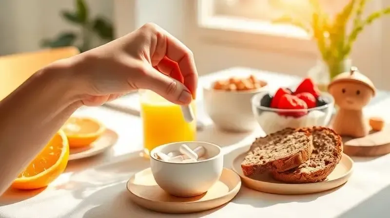 Pessoa tomando uma cápsula de vitamina C durante um café da manhã saudável para garantir a máxima absorção do nutriente.