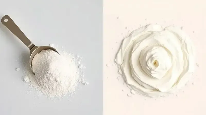 Comparativo visual entre uma colher de EAA em pó e uma de whey protein, destacando as diferenças para ajudar na escolha do melhor suplemento.