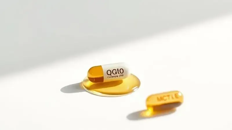 Cápsula de Coenzima Q10 ao lado de óleo TCM e Vitamina E, ingredientes que melhoram a absorção do suplemento.