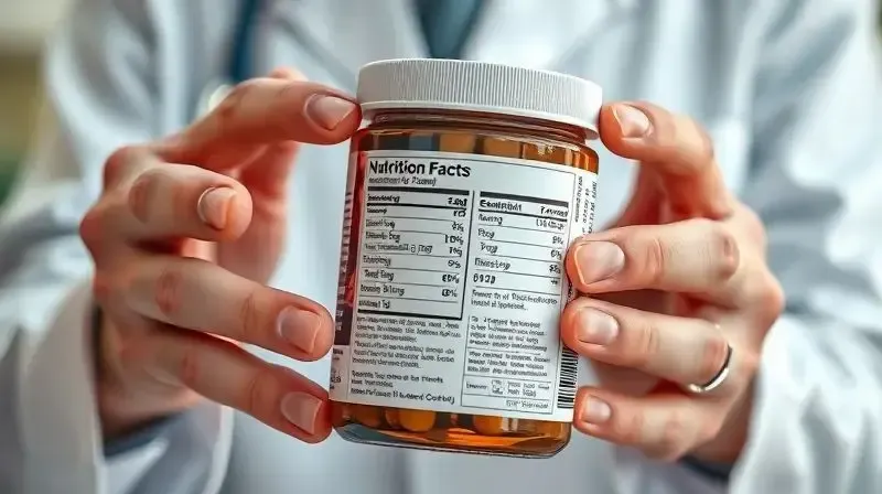 Pessoa lendo o rótulo de informações nutricionais de um suplemento, destacando os cuidados essenciais e a importância de consultar um profissional.