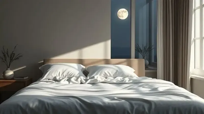 Quarto tranquilo e arrumado à noite, com a cama pronta, simbolizando a importância do descanso e do sono de qualidade para a recuperação.