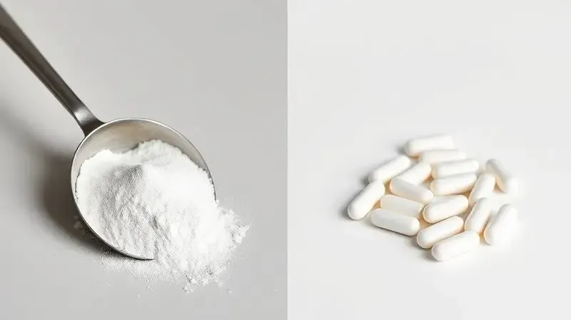 Comparativo lado a lado mostrando a diferença visual entre a creatina na sua forma em pó e em cápsulas.
