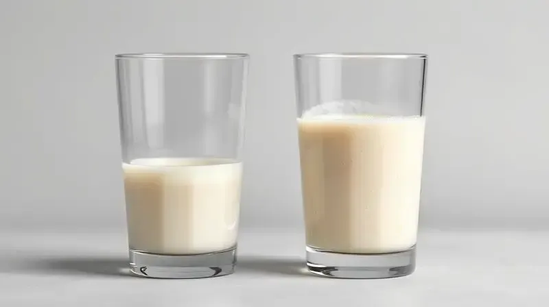 Comparativo visual da textura do whey protein (líquido) e da caseína (espesso), ilustrando a diferença na velocidade de absorção.