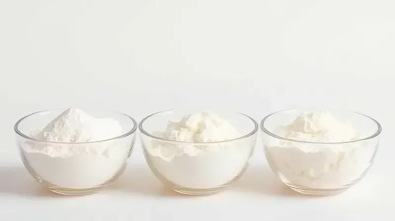 Três tipos de whey protein - concentrado, isolado e hidrolisado - em potes, destacando as diferenças de textura e pureza.