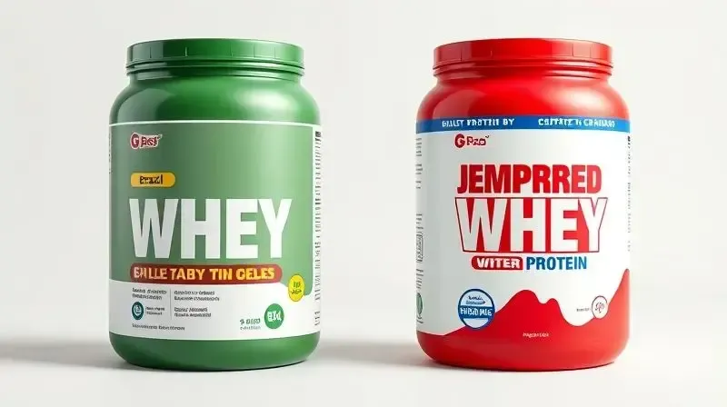 Dois potes de whey protein lado a lado, um representando o produto nacional e outro o importado, para ilustrar a diferença entre eles.