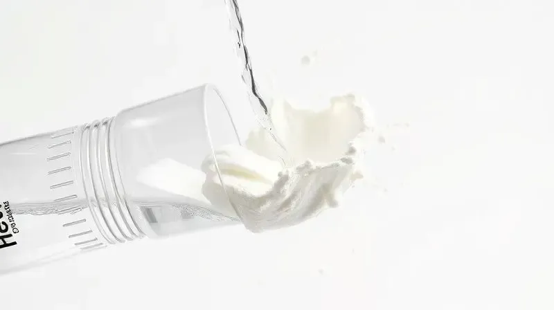 Demonstração da alta absorção e solubilidade do whey hidrolisado ao ser misturado com água em uma coqueteleira.