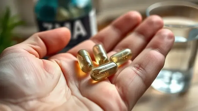 Mão segurando a dosagem correta de cápsulas de ZMA, ilustrando a importância da concentração e dosagem do suplemento.