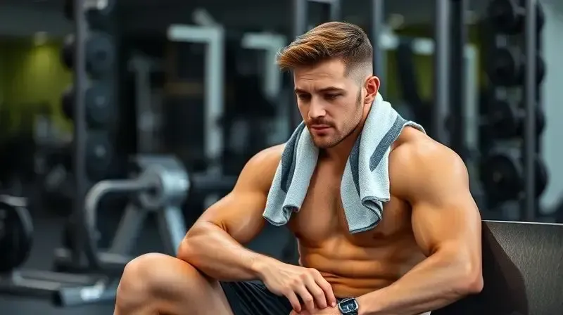 Atleta descansando satisfeito na academia, simbolizando a aceleração da recuperação muscular e a redução da fadiga proporcionadas pelo EAA.