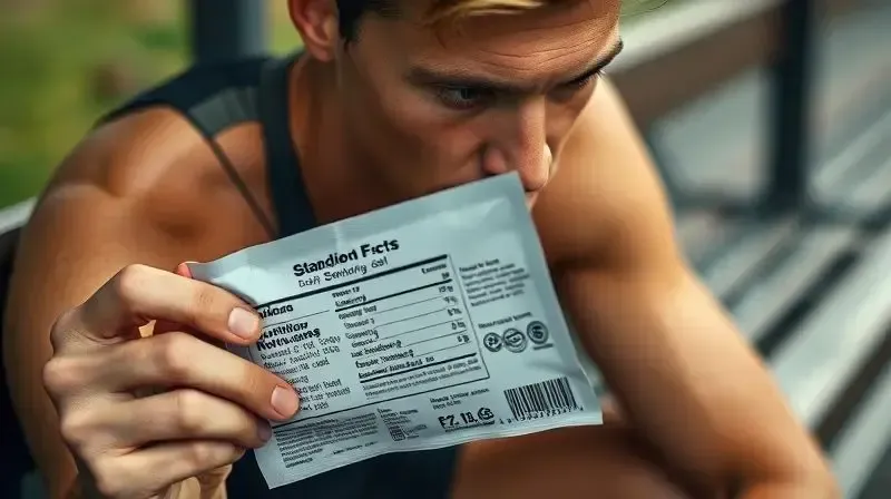 Atleta analisando a tabela nutricional de um gel de carboidrato para verificar possíveis efeitos colaterais e contraindicações.