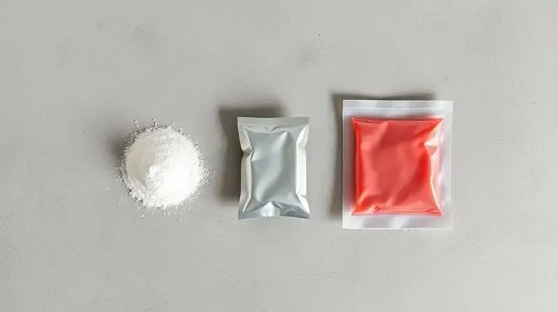 Comparativo visual dos três formatos de palatinose: em pó, em sachê individual e em gel energético, todos sem marca em uma superfície limpa.