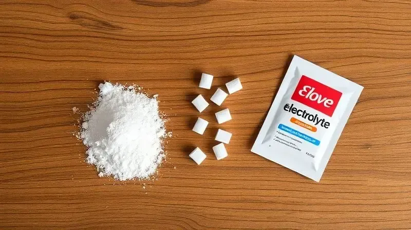 Diferentes formatos de suplementos eletrolíticos: pó, pastilhas efervescentes e sachês individuais, destacando a conveniência de cada um.