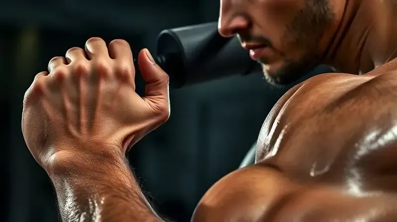Atleta em close-up focado no ganho de massa muscular e hipertrofia durante um treino intenso de musculação na academia.