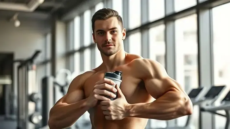 Pessoa atlética com músculos definidos segurando uma coqueteleira após o treino, ilustrando o ganho de massa muscular com whey protein.