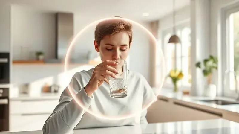 Conceito visual da glutamina melhorando a imunidade, com uma pessoa protegida por um escudo de energia sutil.