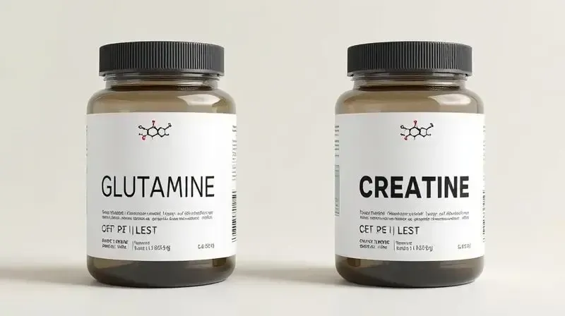 Comparativo visual entre dois potes de suplementos, representando a diferença entre glutamina e creatina.