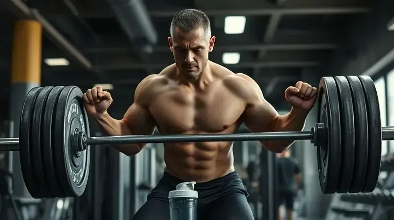 Atleta treinando intensamente em uma academia, ilustrando como o hipercalórico age para auxiliar no ganho de massa muscular.