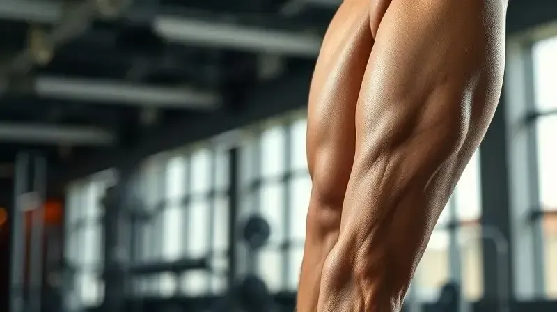 Close-up de um músculo da panturrilha de um atleta em uma academia, ilustrando a importância da recuperação muscular para o reparo das fibras.