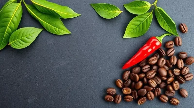 Ingredientes naturais comuns em termogênicos, como pimenta, folhas de chá verde e grãos de café, vistos de cima em uma superfície escura.