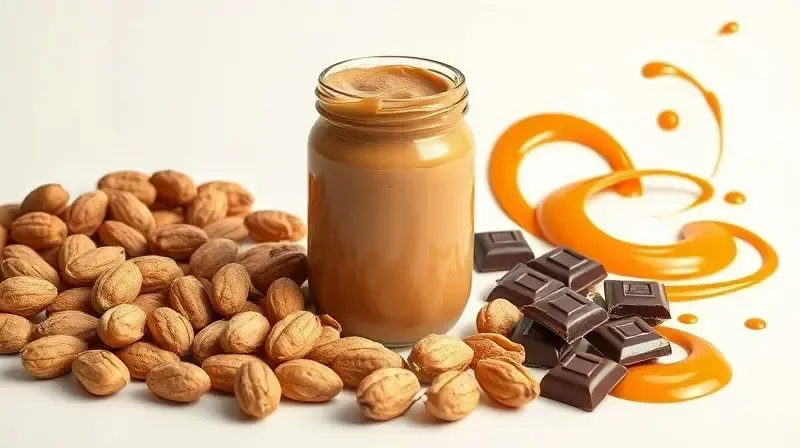 Composição com amendoins inteiros ao lado de uma pasta integral e pedaços de chocolate e caramelo representando os aditivos.