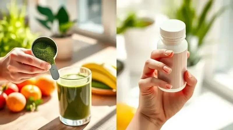 Pessoa escolhendo entre consumir antioxidantes através de um smoothie com superalimentos e um suplemento em cápsula.