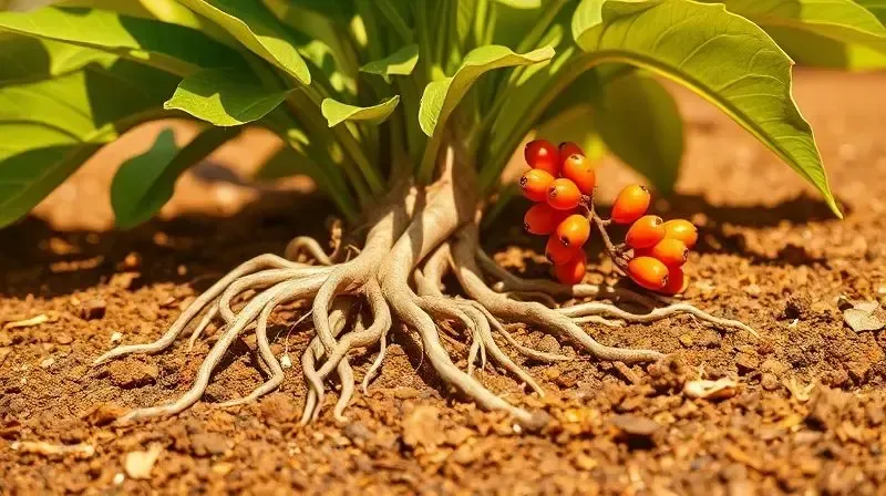 Planta Ashwagandha (Withania somnifera) com suas raízes expostas na terra, explicando o que é e a origem do suplemento.