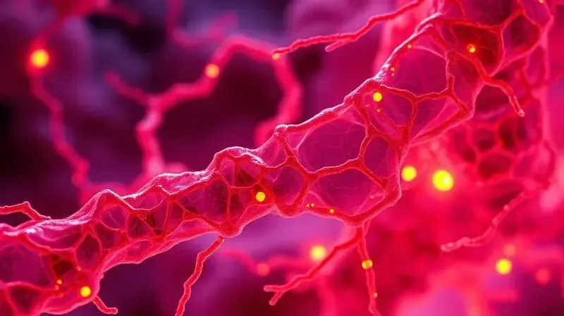 Visualização microscópica das fibras de colágeno no corpo humano, demonstrando sua função estrutural.
