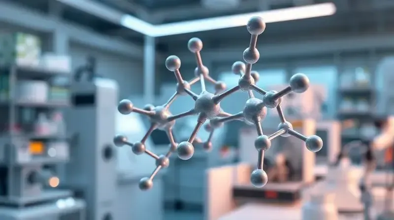 Representação da molécula de glutamina em um ambiente de laboratório, explicando o que é e para que serve o suplemento.
