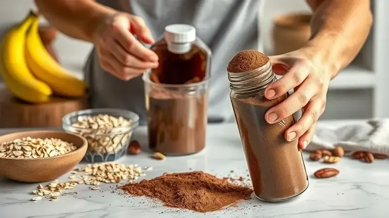Pessoa preparando um shake hipercalórico em uma cozinha, demonstrando para que serve o suplemento no dia a dia.