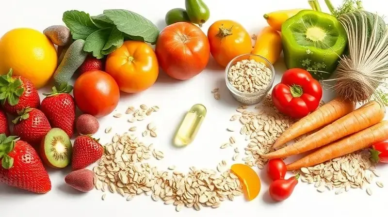Uma cápsula de multivitamínico no centro de um círculo de frutas e vegetais frescos, ilustrando o que é e para que serve o suplemento.