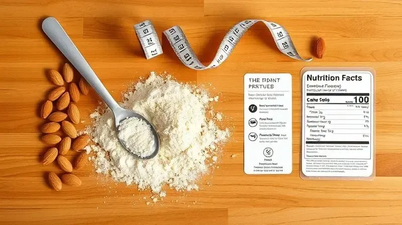 Componentes de um substituto de refeição, incluindo pó de proteína, amêndoas e fita métrica, vistos de cima para explicar sua função nutricional.