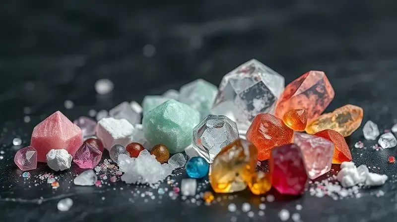 Close-up de cristais de minerais que representam os eletrólitos, explicando sua importância para o corpo humano e a hidratação.